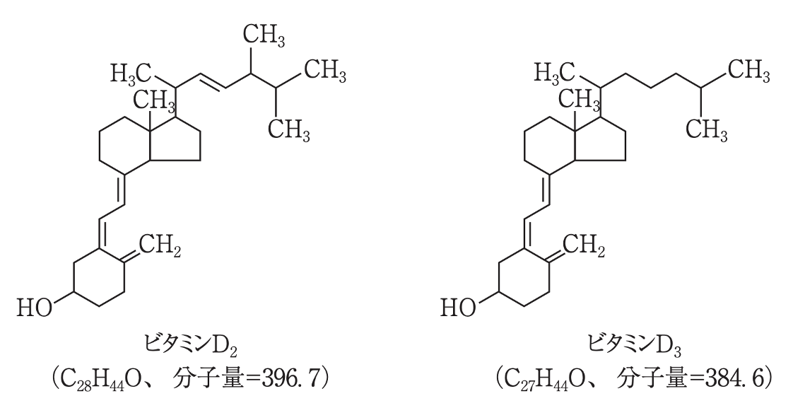 ビタミンD2, D3の化学構造式